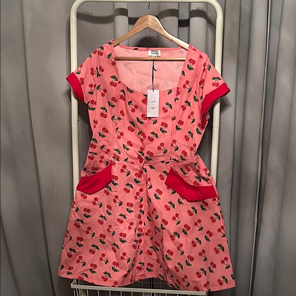 Cherry Print Pink Dress with Pockets